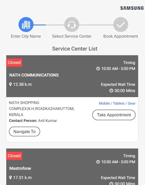 select service center for appointment booking