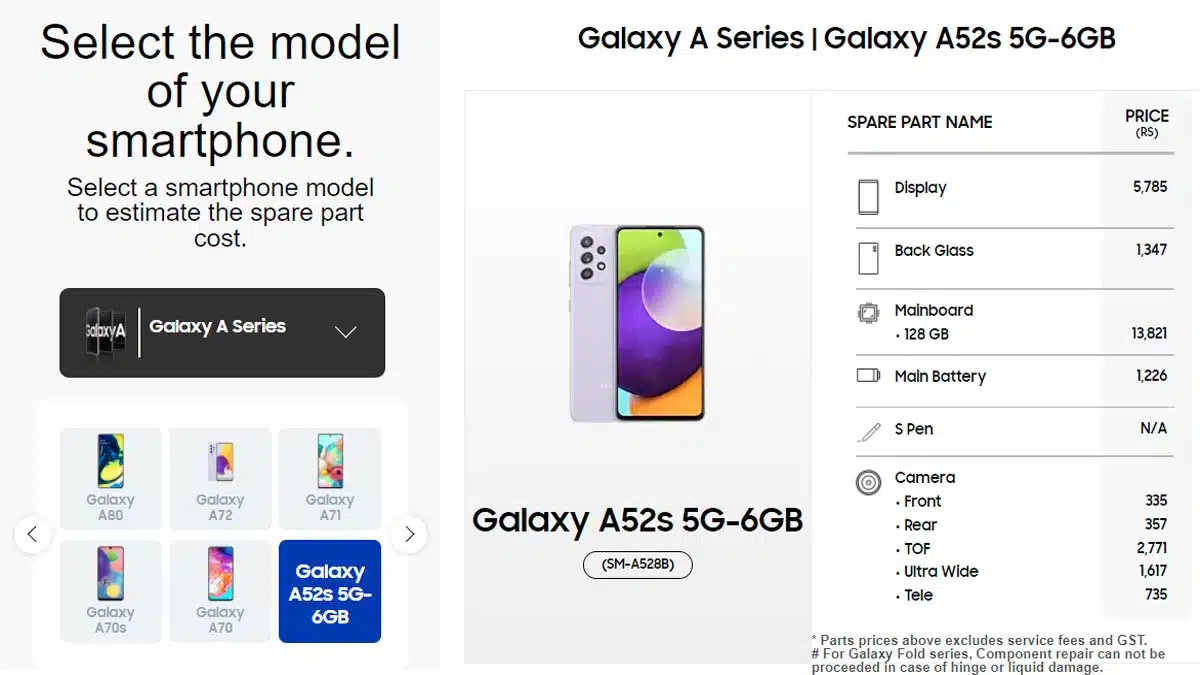 Samsung Galaxy A52s 5G display battery & spare parts price