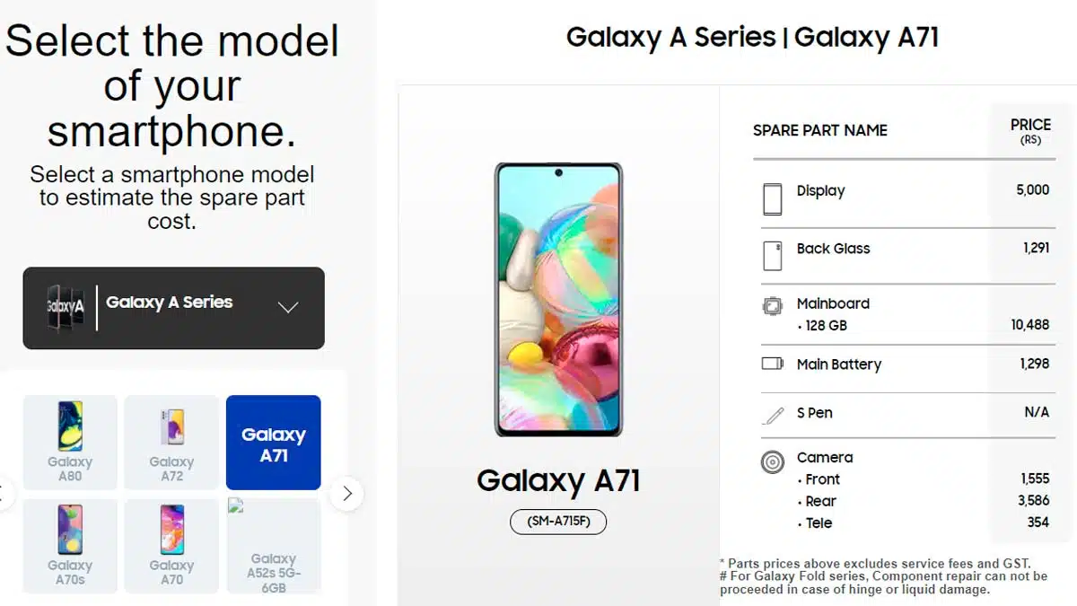 Samsung Galaxy A71 display battery spare parts price