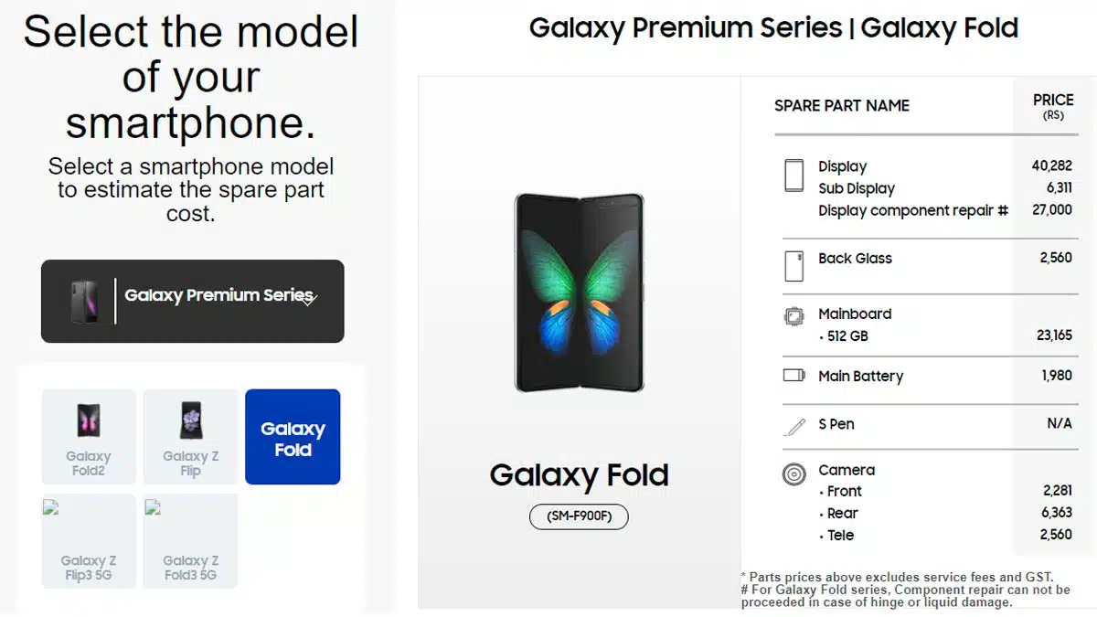 samsung galaxy fold display battery & spare parts price