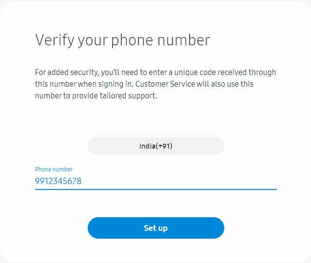samsung account creation phone number verification