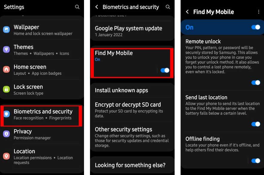 How to use find my mobile in samsung and enable offline finding and remote unlock features