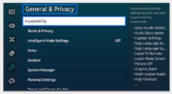 general and privacy settings in samsung tv