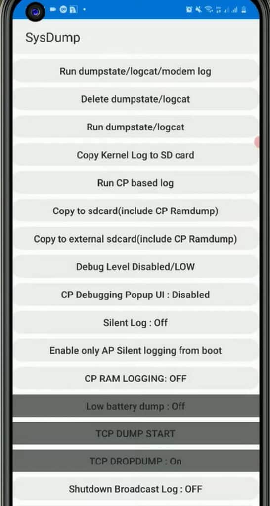 hidden sysdump window in samsung phone