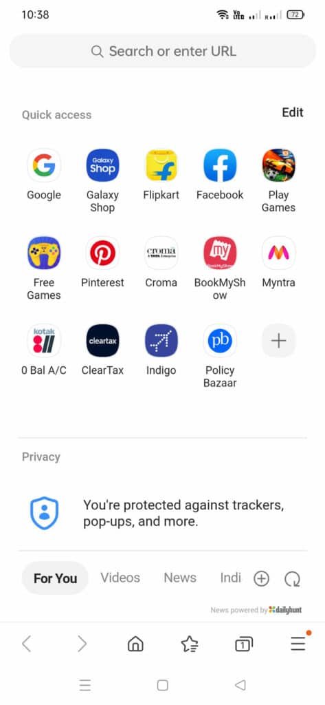 samsung internet browser default homepage