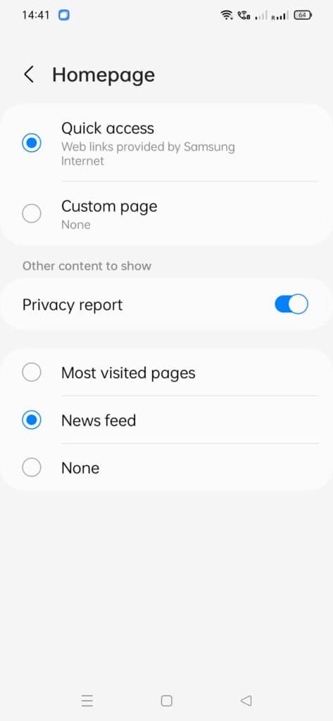 samsung internet homepage layout options