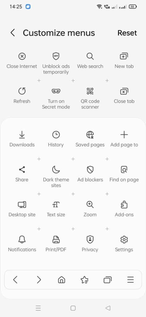 samsung internet customize menu