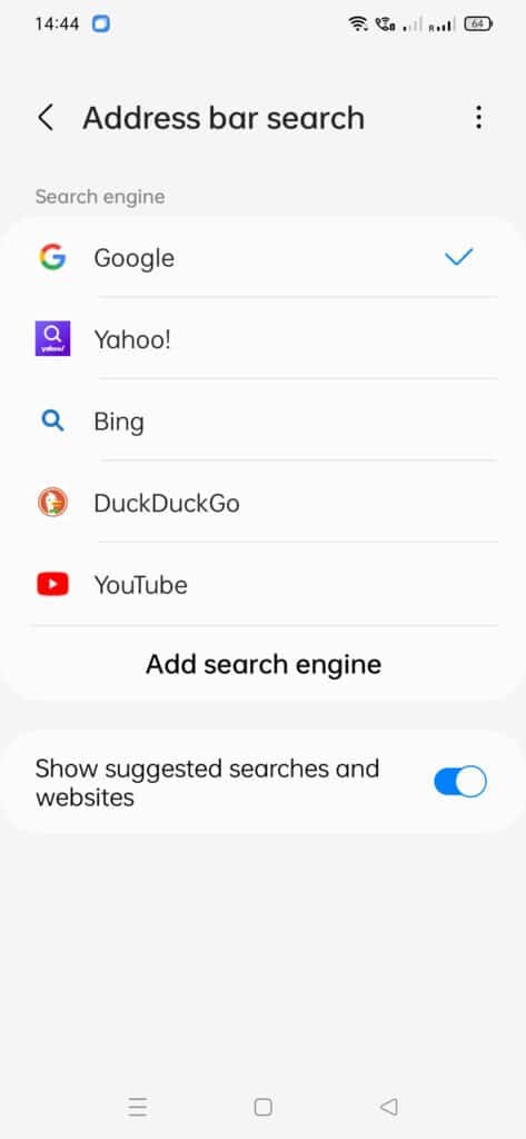 samsung internet search engine options