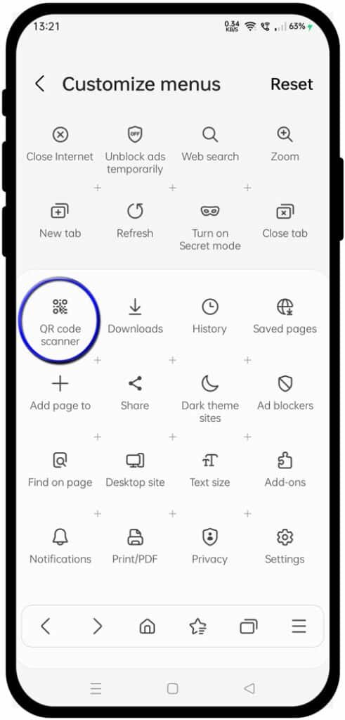 qr code scanner shortcut in samsung internet
