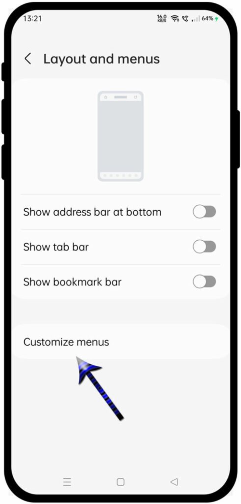 customize menus option in samsung browser