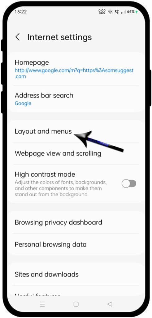 layout and menu option in samsung internet browser