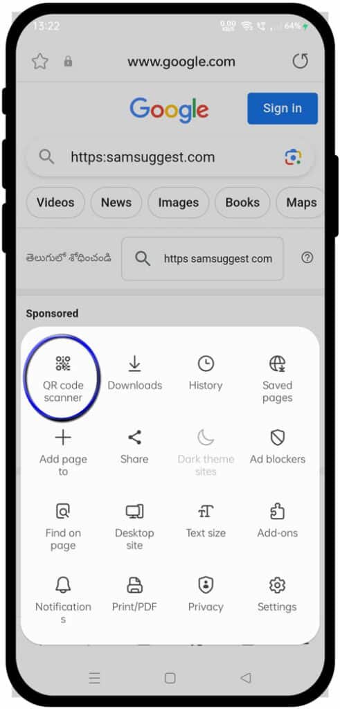 qr code scanner option in samsung internet