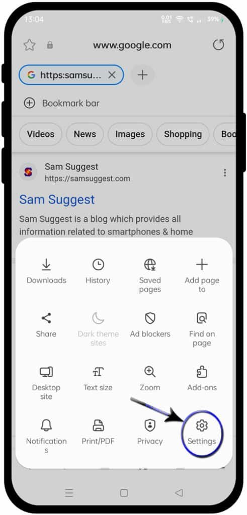 settings icon in samsung internet browser