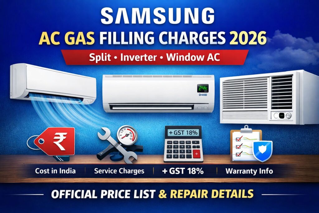 Samsung AC gas filling charges in India for Split, Inverter and Window Air Conditioners with on-site and carry-in service pricing.