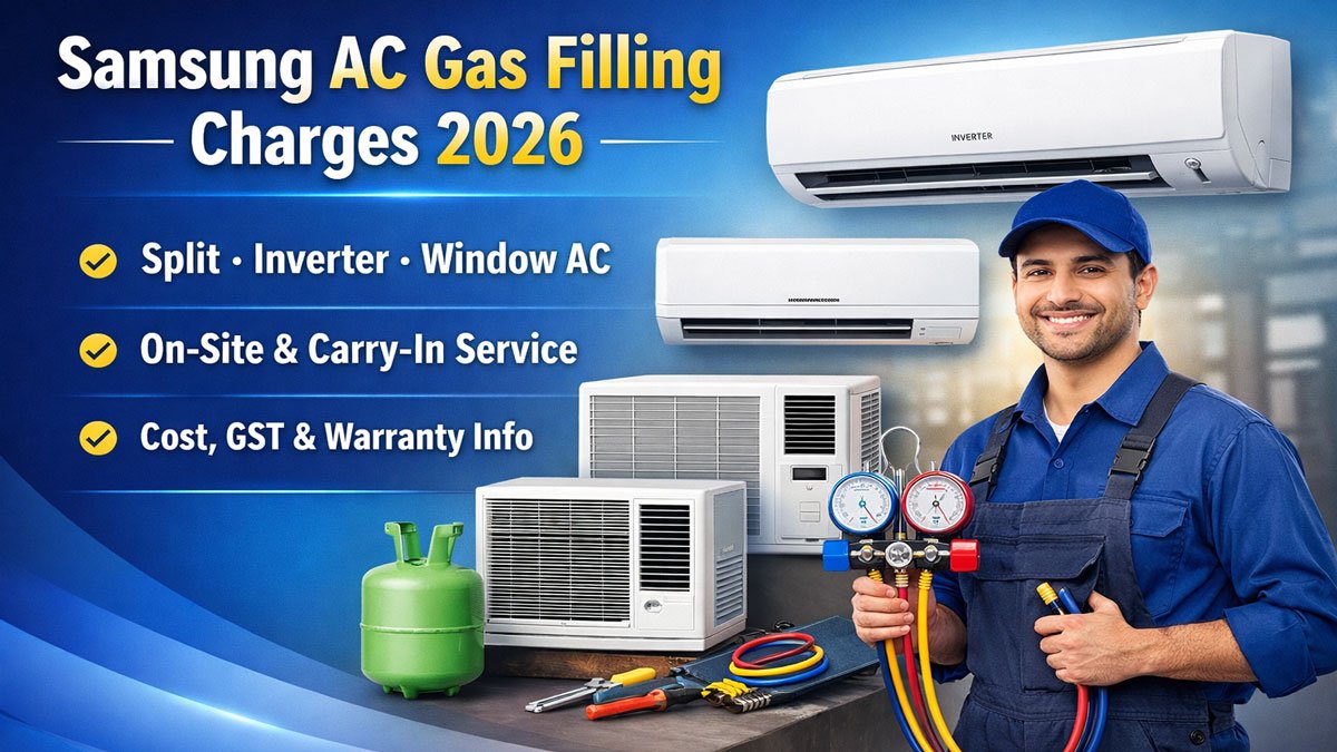 Samsung Air Conditioner gas filling charges 2026 for Split, Inverter and Window AC with on-site and carry-in service cost in India